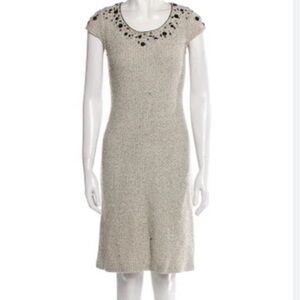ST. JOHN COLLECTION Beige Knit Sheath Dress beaded neckline Cap Sleeve Santana